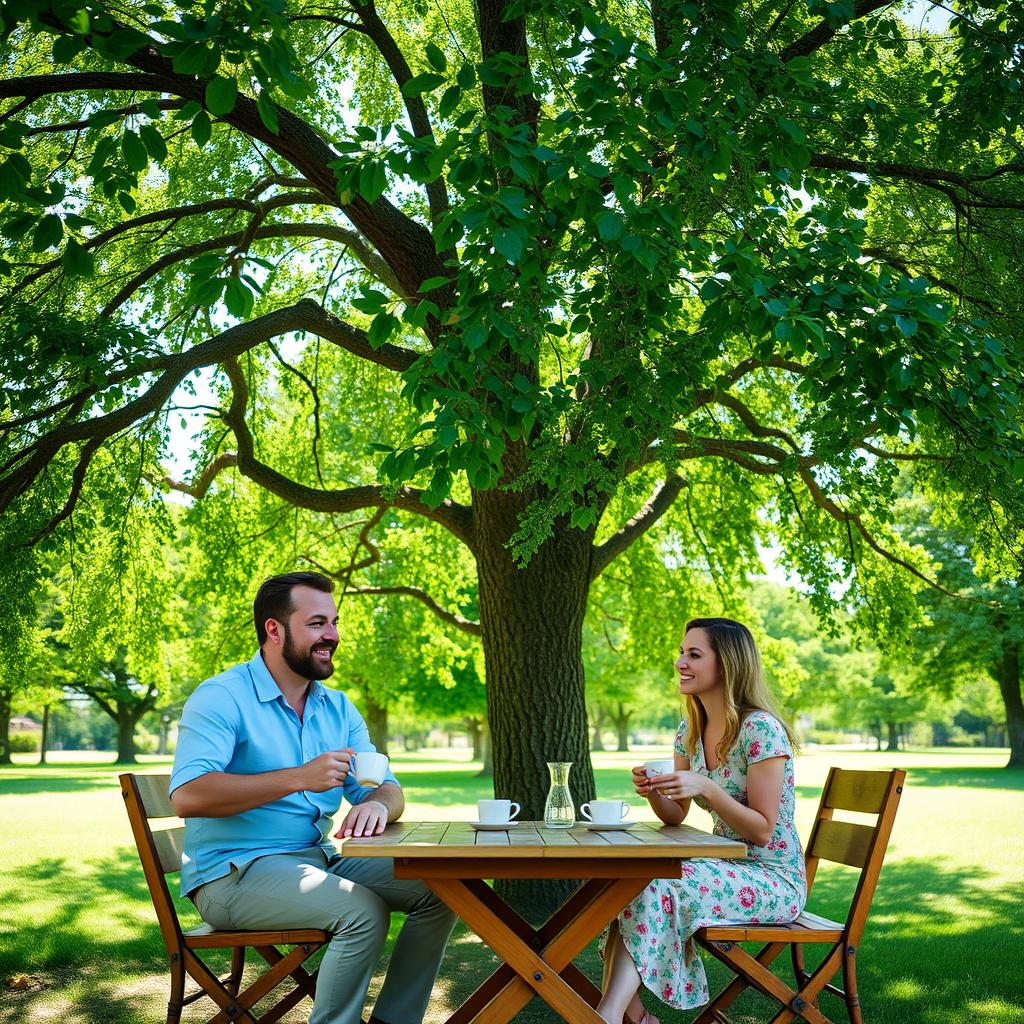 A serene scene of a man and a woman enjoying tea together under a lush and expansive Linden tree