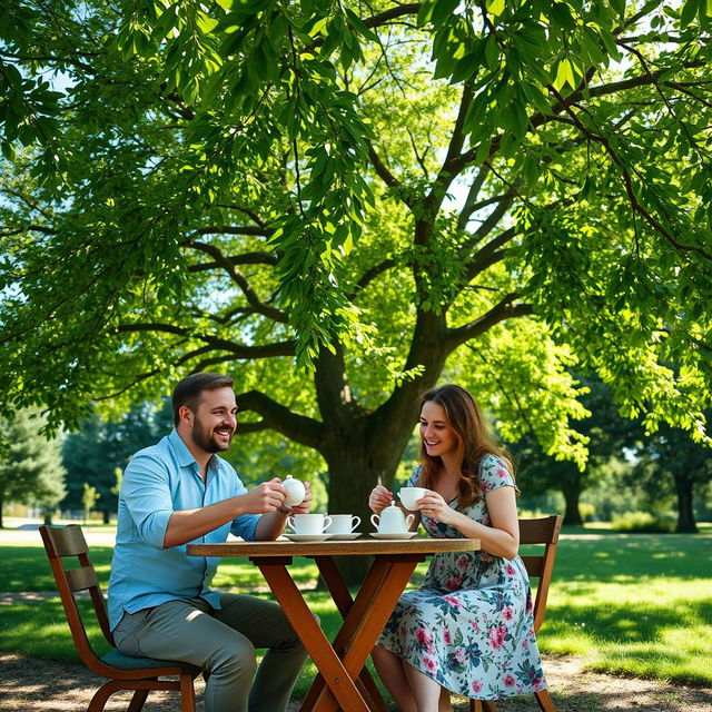 A serene scene of a man and a woman enjoying tea together under a lush and expansive Linden tree