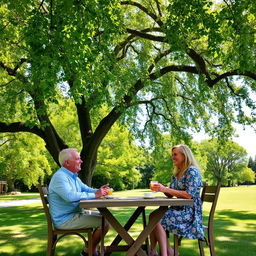 A serene scene of a man and a woman enjoying tea together under a lush and expansive Linden tree