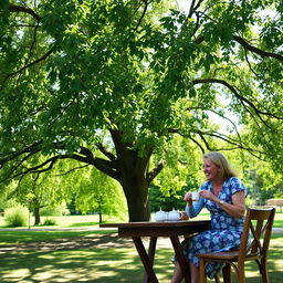 A serene scene of a man and a woman enjoying tea together under a lush and expansive Linden tree