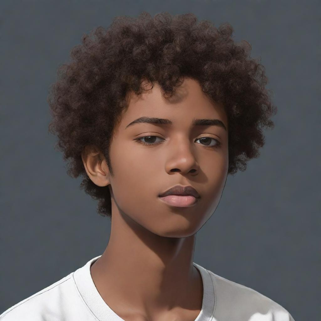 Anime-style profile picture of dark-skinned teenage boy with very short curly hair, appearing sleepy.