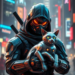 A futuristic robo-ninja with sleek, advanced armor holding a robotic cat