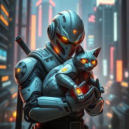 A futuristic robo-ninja with sleek, advanced armor holding a robotic cat