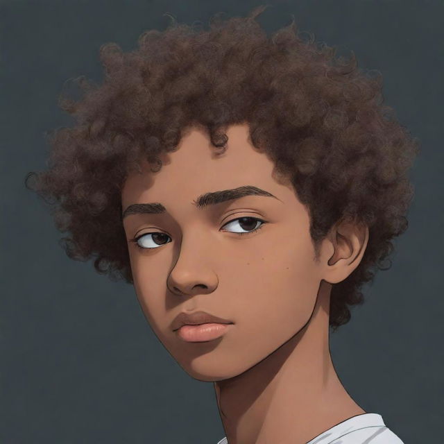 Anime-style profile picture of dark-skinned teenage boy with very short curly hair, appearing sleepy.