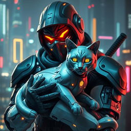 A futuristic robo-ninja with sleek, advanced armor holding a robotic cat