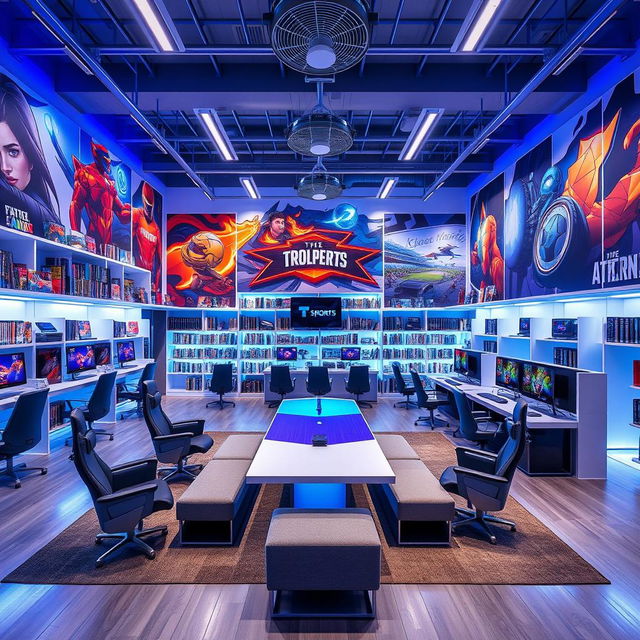 A modern and stylish gaming library interior called T-sports