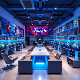 A modern and stylish gaming library interior called T-sports