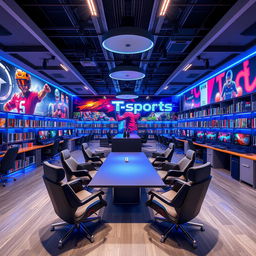 A modern and stylish gaming library interior called T-sports