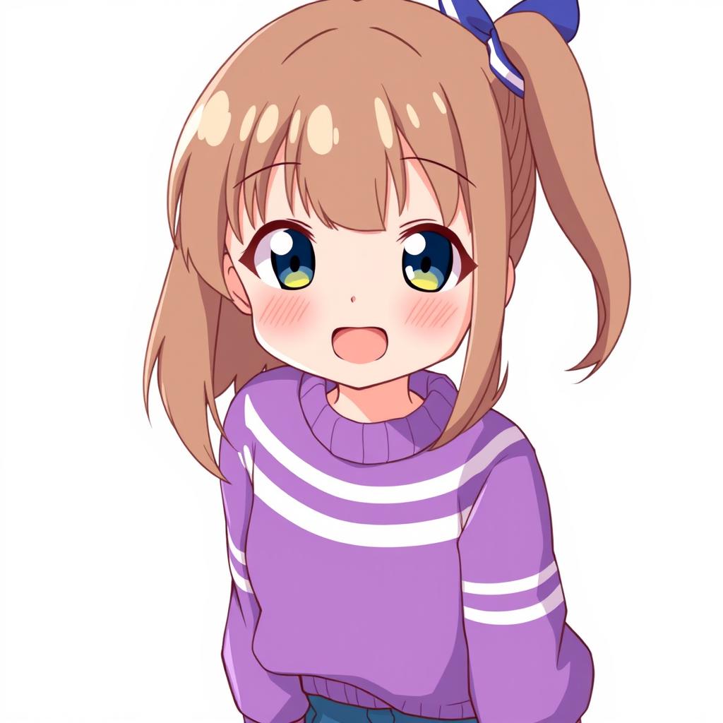 Anime style illustration of a girl with elbow-length brown hair, wearing a purple sweater with white stripes and blue shorts