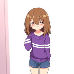 Anime style illustration of a girl with elbow-length brown hair, wearing a purple sweater with white stripes and blue shorts