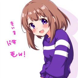 Anime style illustration of a girl with elbow-length brown hair, wearing a purple sweater with white stripes and blue shorts