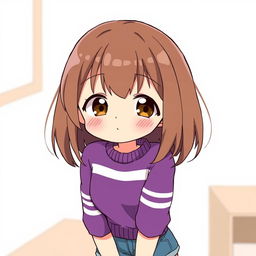 Anime style illustration of a girl with elbow-length brown hair, wearing a purple sweater with white stripes and blue shorts