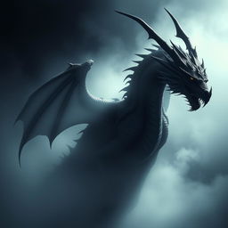 Create an image of a misty dragon lurking in the shadows, designed in a fantasy style