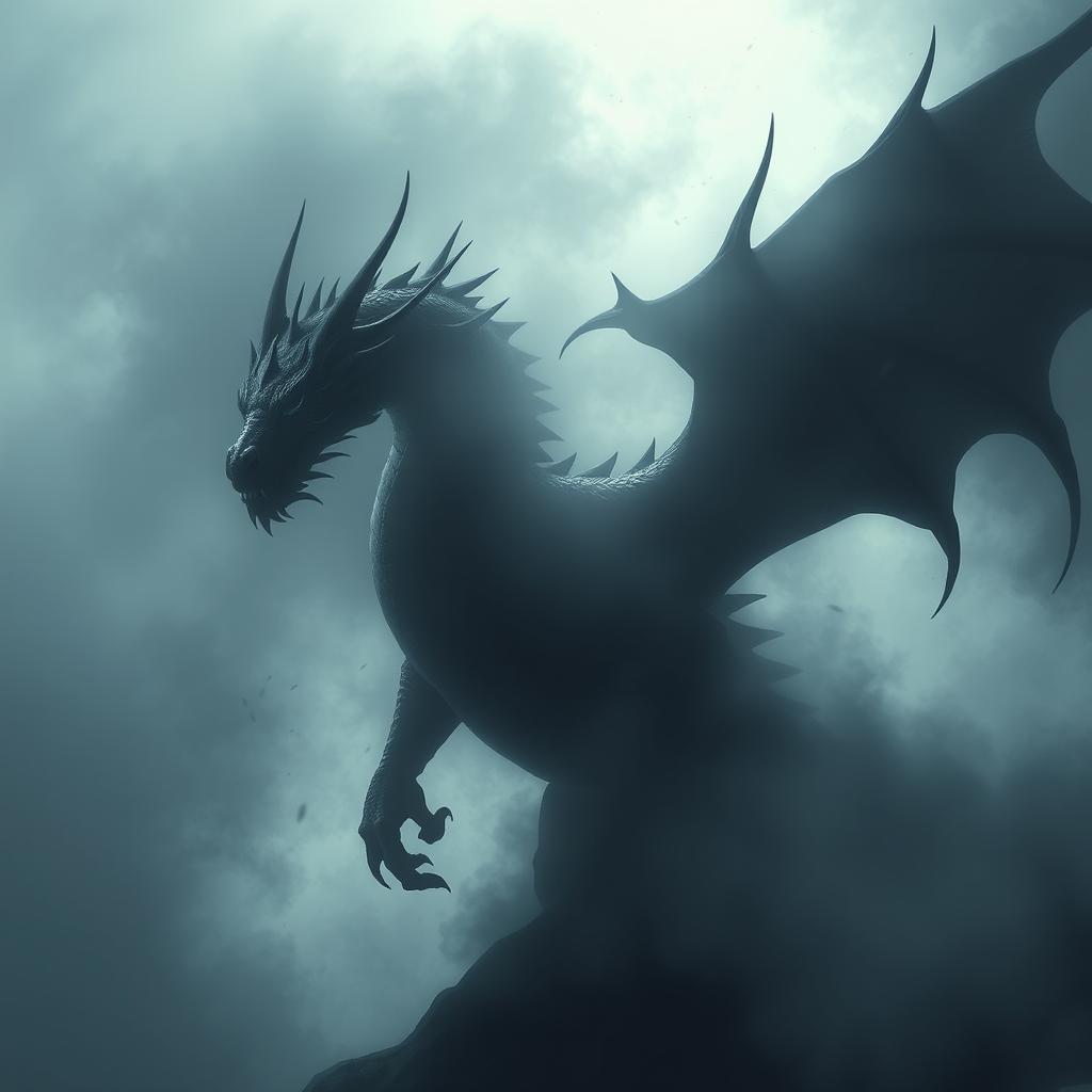 Create an image of a misty dragon lurking in the shadows, designed in a fantasy style