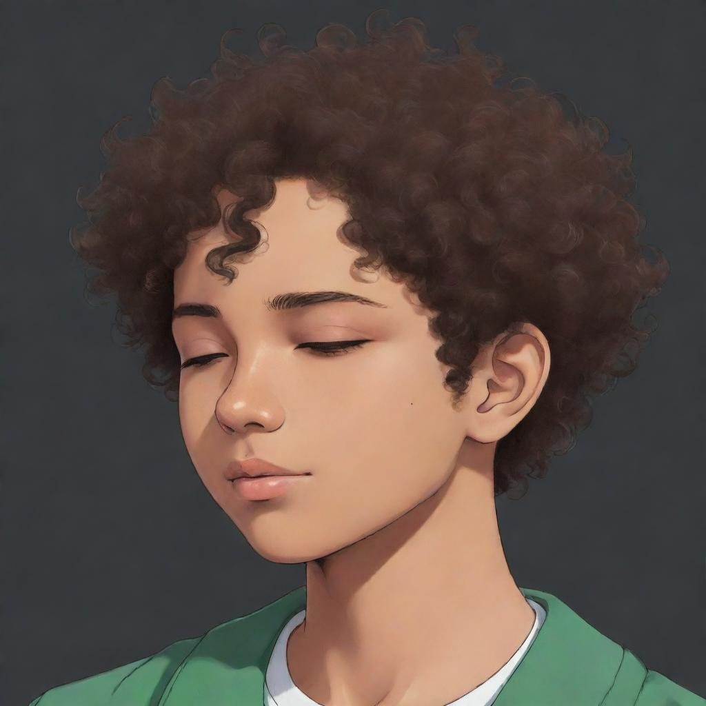 Anime-style profile picture featuring a sleepy, dark-skinned teenage boy with very short curly hair.