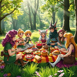 A friendly exploration in a lush park, a diverse group of adventurers including humans, elves, and forest animals