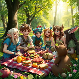 A friendly exploration in a lush park, a diverse group of adventurers including humans, elves, and forest animals