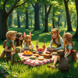 A friendly exploration in a lush park, a diverse group of adventurers including humans, elves, and forest animals