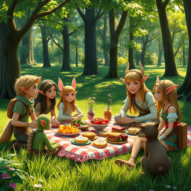 A friendly exploration in a lush park, a diverse group of adventurers including humans, elves, and forest animals