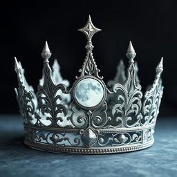 Create an image of a silver crown featuring a moon symbol, designed in a fantasy style