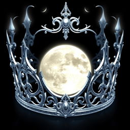 Create an image of a silver crown featuring a moon symbol, designed in a fantasy style