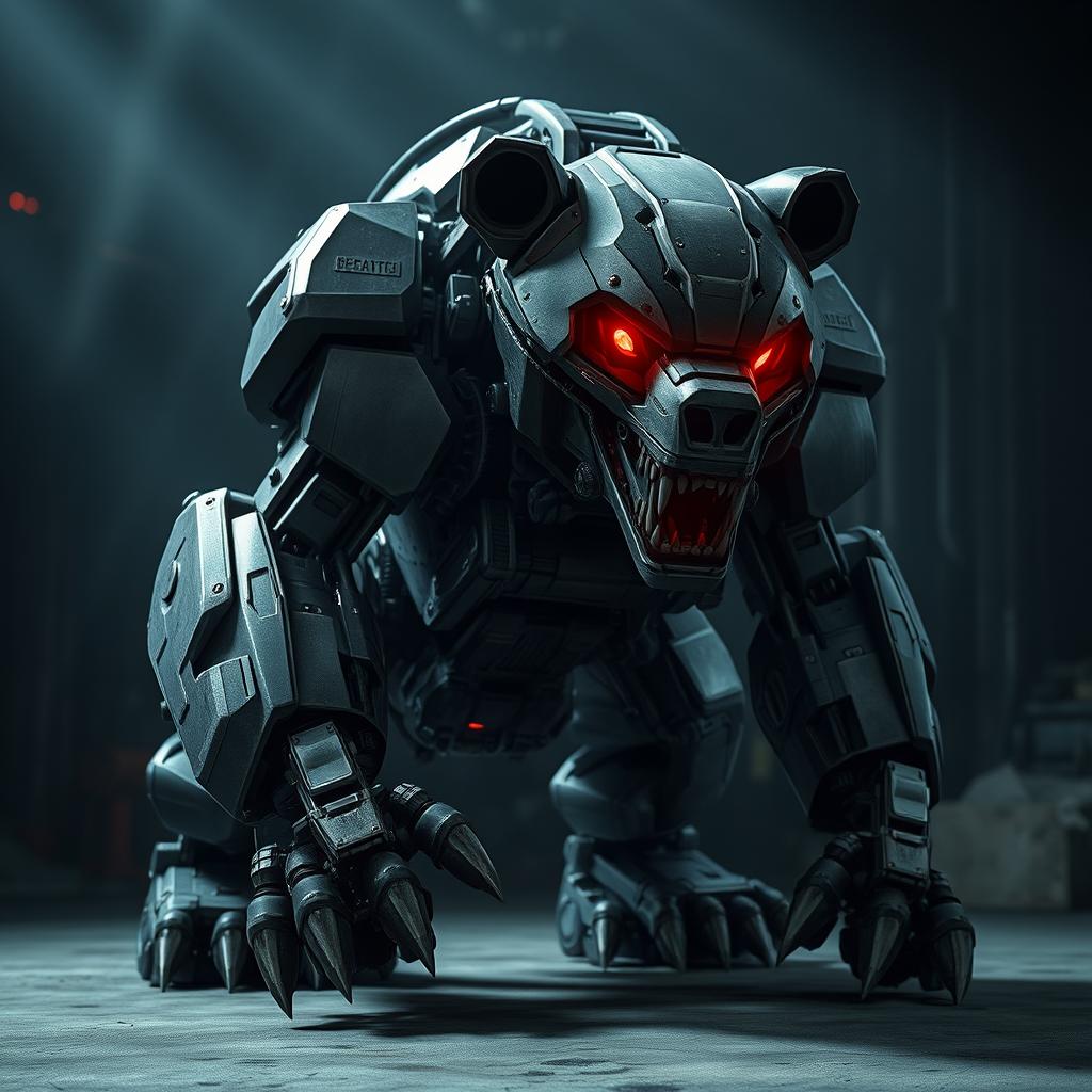 A robotic bear with a terrifying presence, featuring heavily armored exterior and menacing red glowing eyes