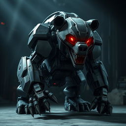 A robotic bear with a terrifying presence, featuring heavily armored exterior and menacing red glowing eyes