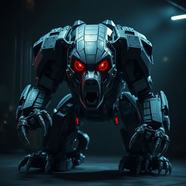 A robotic bear with a terrifying presence, featuring heavily armored exterior and menacing red glowing eyes