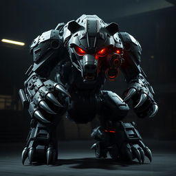 A robotic bear with a terrifying presence, featuring heavily armored exterior and menacing red glowing eyes