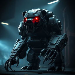 A robotic bear with a terrifying presence, featuring heavily armored exterior and menacing red glowing eyes