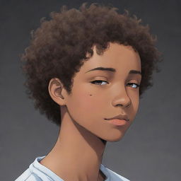 Anime-style profile picture featuring a sleepy, dark-skinned teenage boy with very short curly hair.