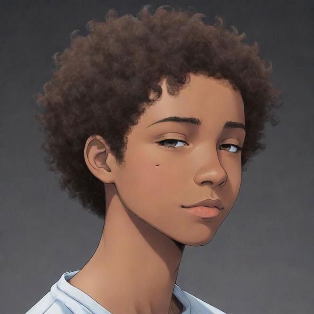 Anime-style profile picture featuring a sleepy, dark-skinned teenage boy with very short curly hair.