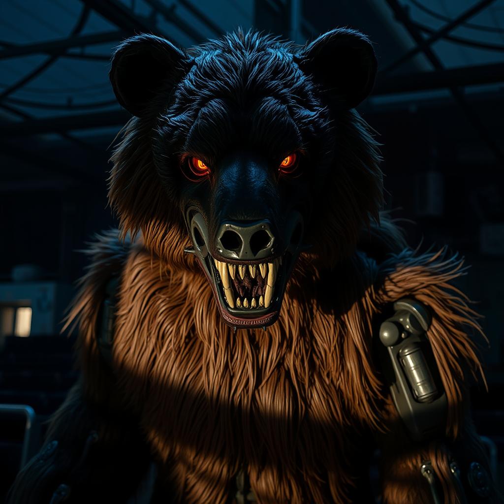 An animatronic bear with a terrifying presence, featuring a detailed and lifelike design that blurs the line between machine and beast