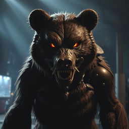 An animatronic bear with a terrifying presence, featuring a detailed and lifelike design that blurs the line between machine and beast