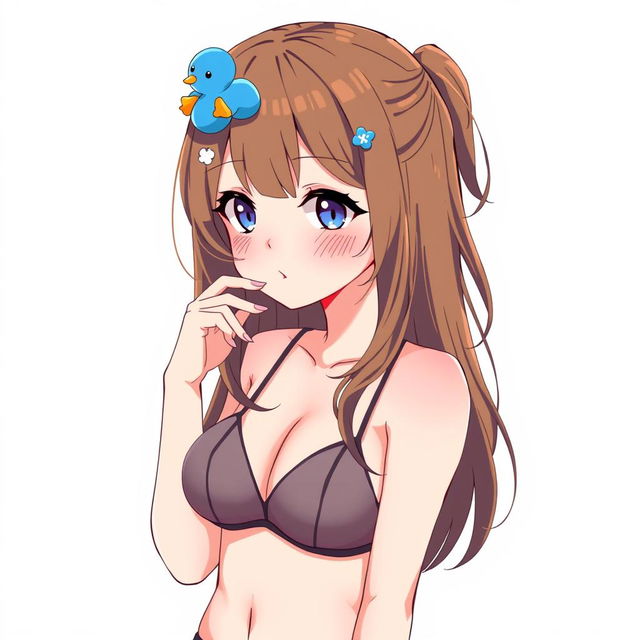 Anime style illustration of a girl with brown hair featuring a blue duck hair clip