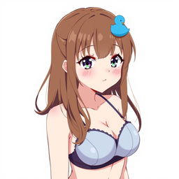 Anime style illustration of a girl with brown hair featuring a blue duck hair clip