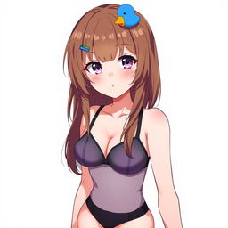 Anime style illustration of a girl with brown hair featuring a blue duck hair clip