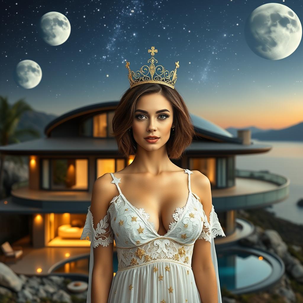 A sexy woman with short brown hair, 38 years old, with a 42DD bust size, standing in front of a futuristic three-story house