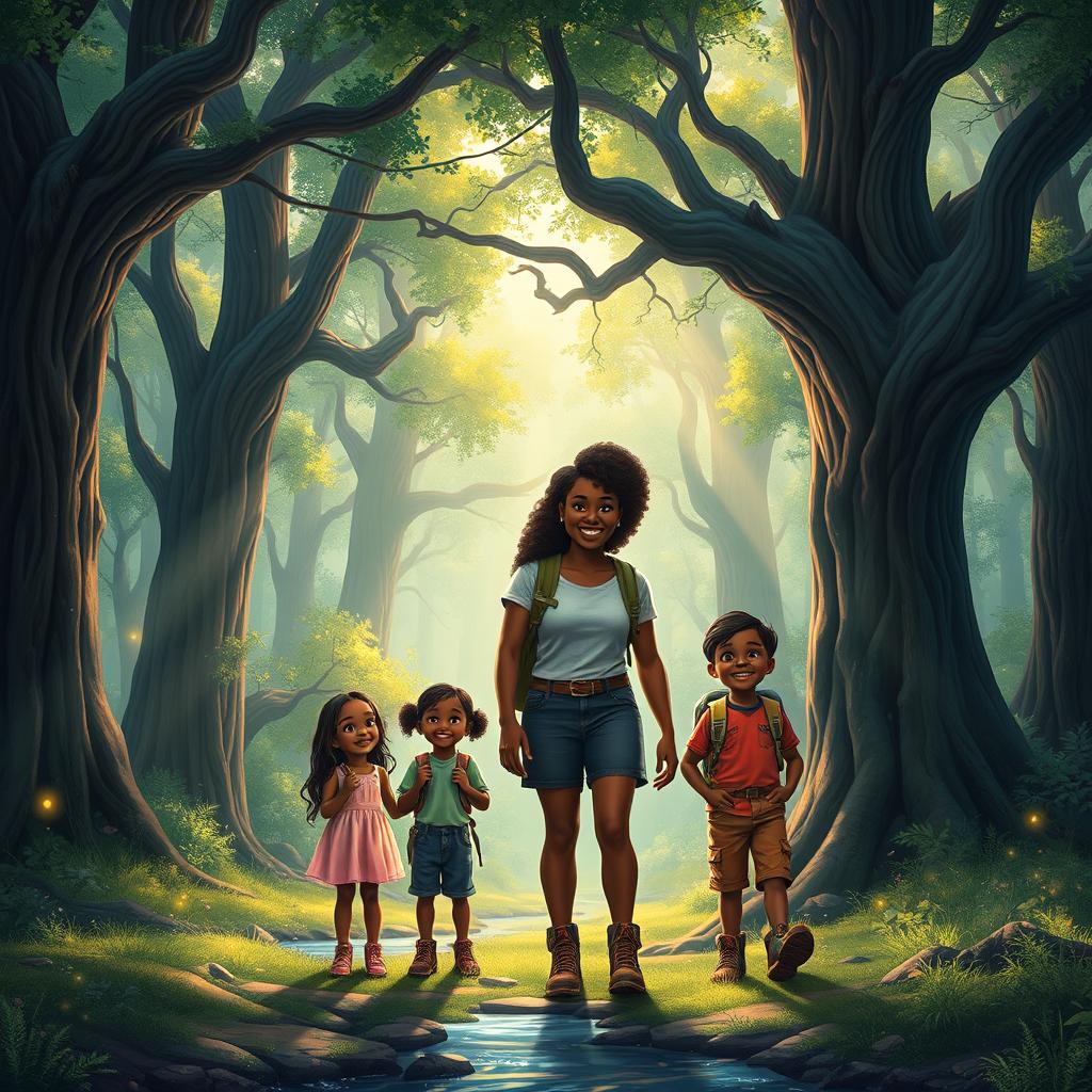 A black family of four, including Jack (Father), Sara (Mother), Ella (Daughter), and Ben (Son), prominently featured in the center of a lush, vibrant forest with towering, ancient trees and dappled sunlight filtering through the leaves