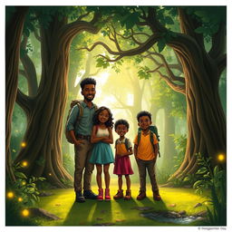 A black family of four, including Jack (Father), Sara (Mother), Ella (Daughter), and Ben (Son), prominently featured in the center of a lush, vibrant forest with towering, ancient trees and dappled sunlight filtering through the leaves