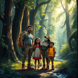 A black family of four, including Jack (Father), Sara (Mother), Ella (Daughter), and Ben (Son), prominently featured in the center of a lush, vibrant forest with towering, ancient trees and dappled sunlight filtering through the leaves