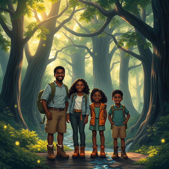 A black family of four, including Jack (Father), Sara (Mother), Ella (Daughter), and Ben (Son), prominently featured in the center of a lush, vibrant forest with towering, ancient trees and dappled sunlight filtering through the leaves