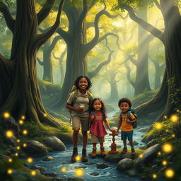 A magical and whimsical scenario set in a lush, vibrant forest with ancient, towering trees