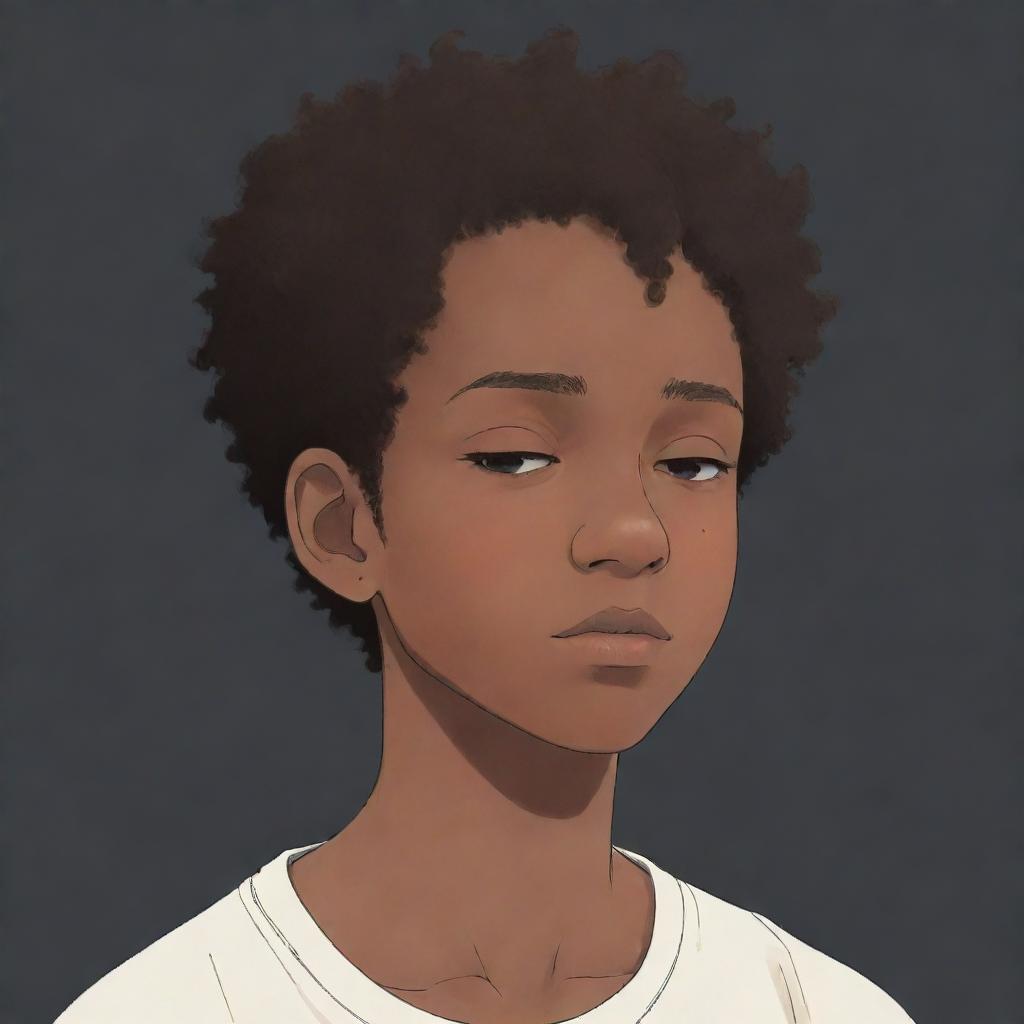 Anime-inspired profile picture of a sleepy, dark-skinned teenage boy with very short coily hair.