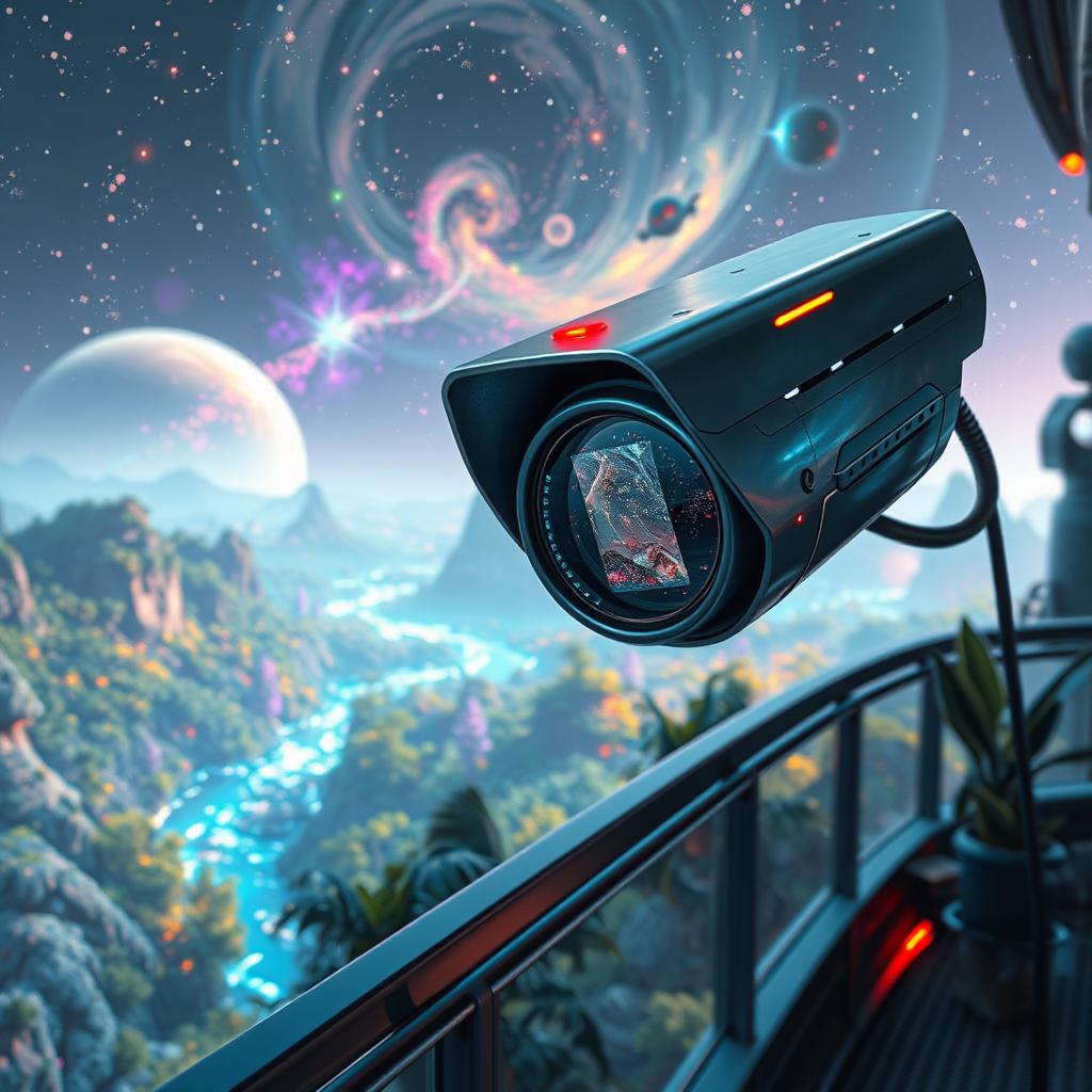 A futuristic security camera with sleek, metallic design focuses on a vibrant fantasy planet