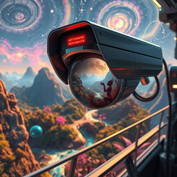 A futuristic security camera with sleek, metallic design focuses on a vibrant fantasy planet