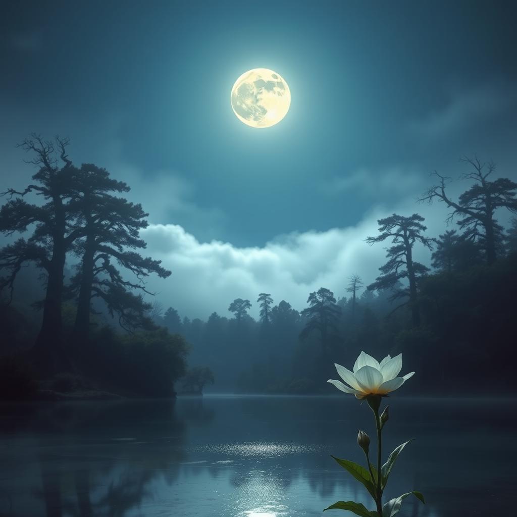 an ethereal landscape featuring a serene lake surrounded by towering ancient trees under a moonlit sky