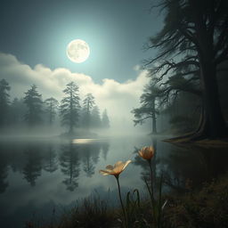 an ethereal landscape featuring a serene lake surrounded by towering ancient trees under a moonlit sky