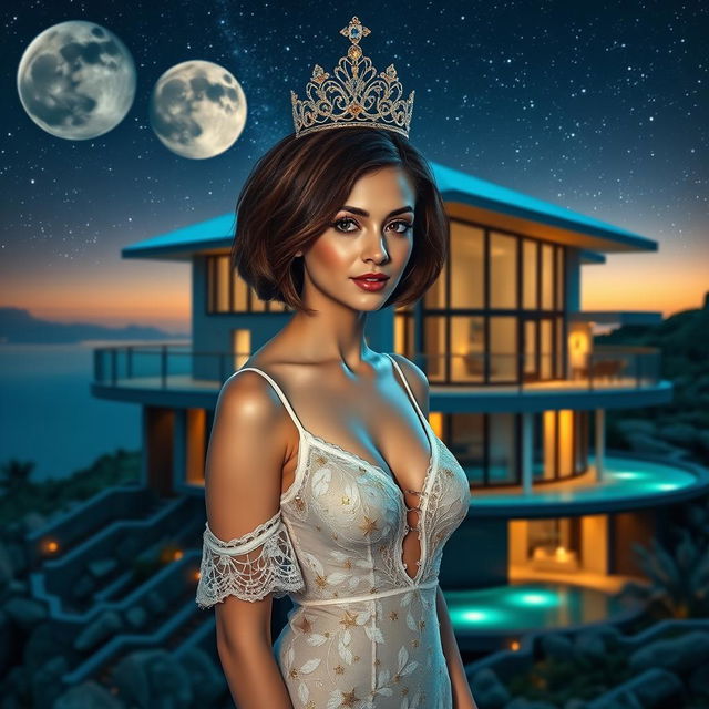 A sexy woman with short brown hair, 38 years old, with a 42DD bust size, standing in front of a futuristic three-story house