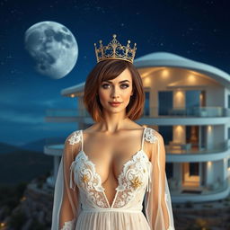 A sexy woman with short brown hair, 38 years old, with a 42DD bust size, standing in front of a futuristic three-story house